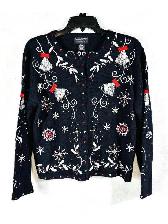 Hampshire Studio Sweaters - Hampshire Studio Ugly Christmas Sweater Black Cardigan Bells Snowflake Ivy Sz PM